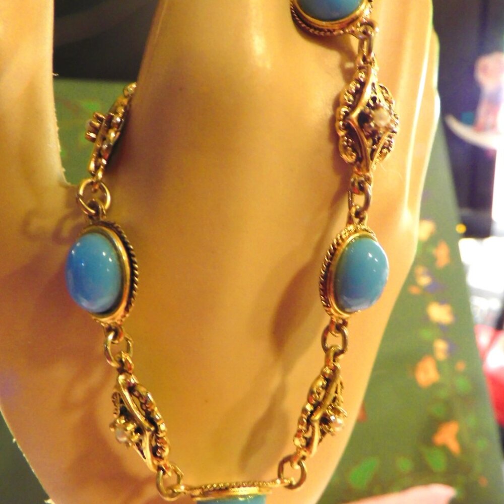 TURQUOISE and SEED PEARL BRACELET - 7.5" - Picture 5 of 6